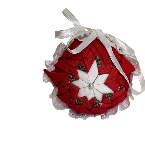 Vintage Handmade Folded Fabric Star Ribbon Christmas Ball Ornaments Set of 6 - Picture 14 of 15